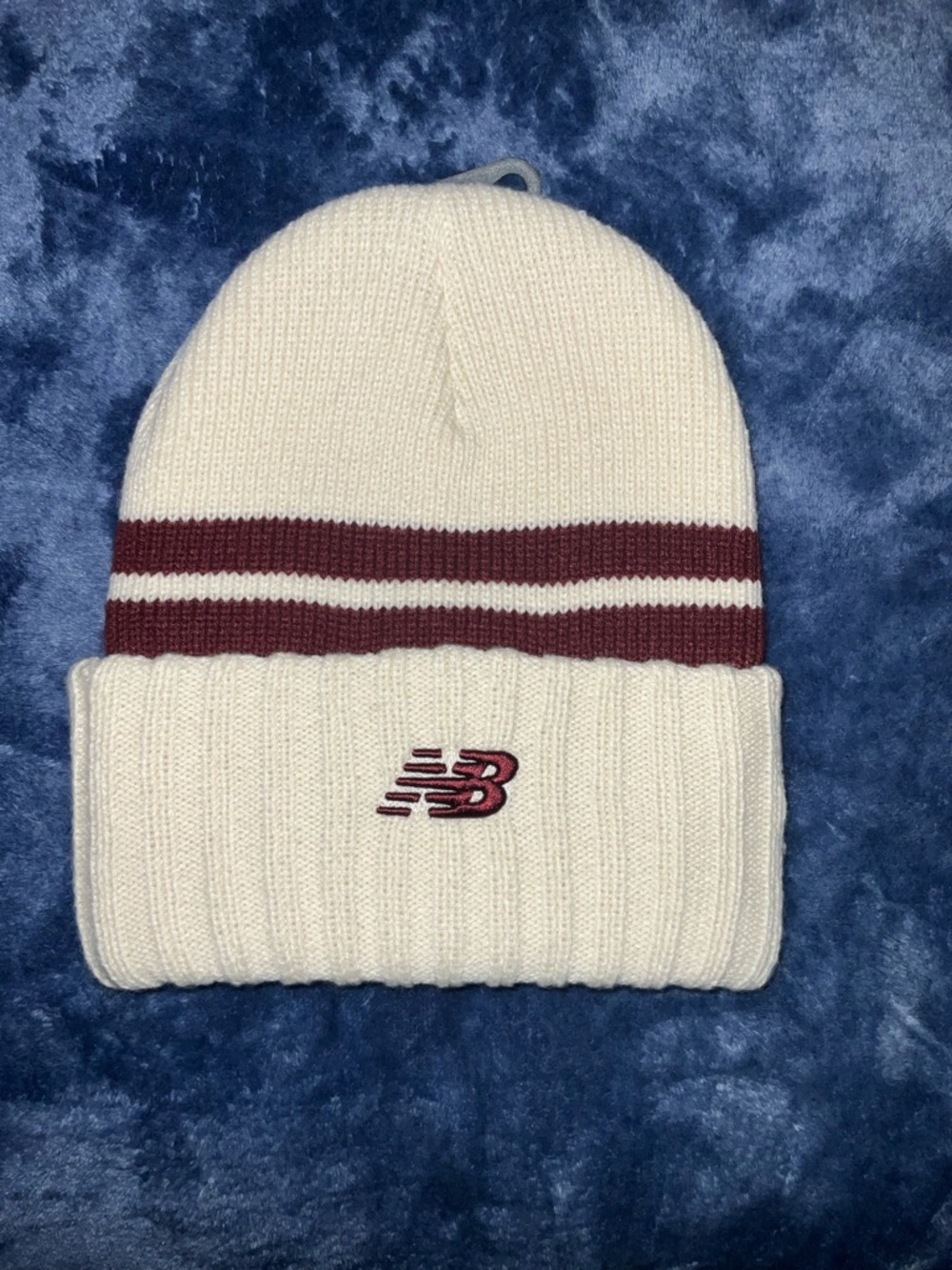Unisex New Balance Cream and Burgundy Striped Cuffed Beanie